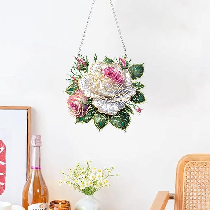 ZeeLionArt Hanging Diamonds Art kit for Adult,Roses Pendant Diamonds Painting Art Kit,7.8x7.5inch Acrylic Diamonds Painting Board Kit Ornament, Special Crystal Diamond Hanging Ornament