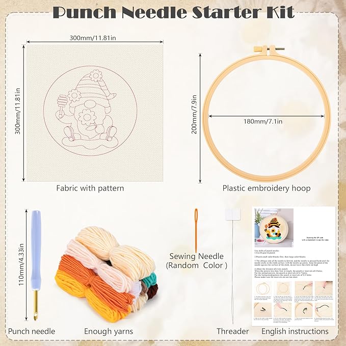 JSRQT Honey Gnomes Punch Needle Kit for Beginners, Punch Needle Embroidery Starter Kit for Adult Kids, DIY Cross Stitch Rug Hooking Craft Beginners Kit with Tools for Home Decor