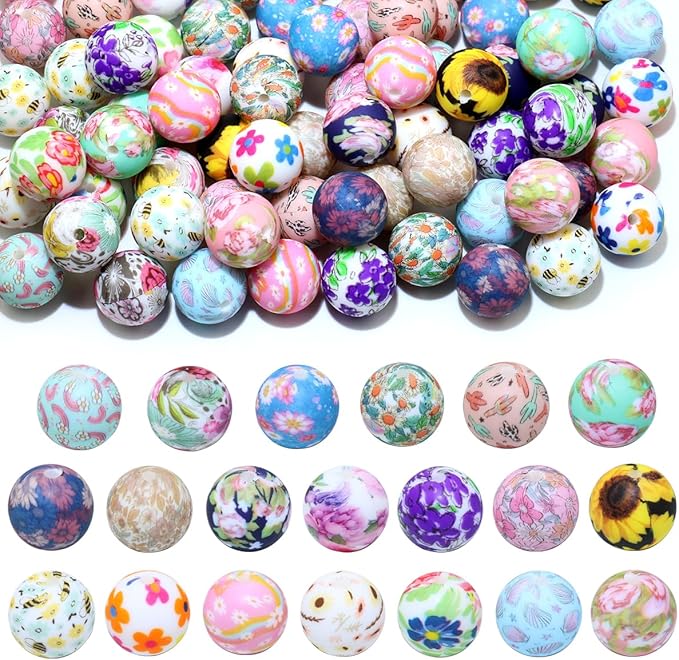80Pcs 15mm Silicone Beads Bulk Flower Focal Silicone Beads for Keychain Making Necklace Jewelry DIY Bracelet Making Kit (Flower)