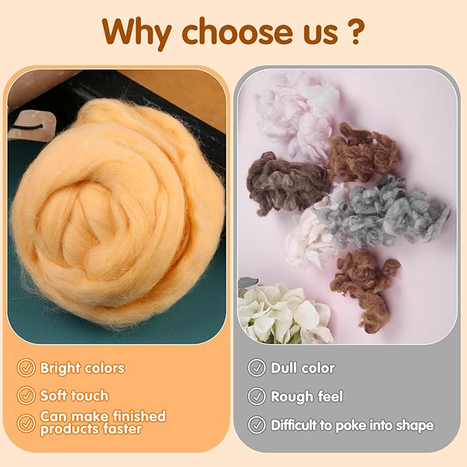 3.53oz Wool Roving, Wool Felting Supplies, Pure Wool, Chunky Yarn, Spinning Wool Roving for Needle Felting Wet Felting DIY Hand Spinning (Light Orange)