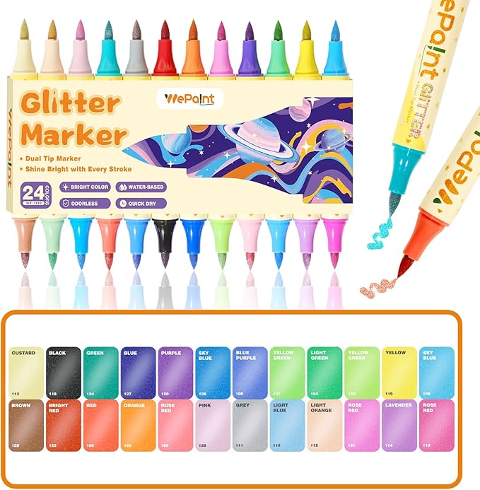 WePaint 24 Colors Glitter Brush Marker Pens, Glitter Pens Set 12 Pack Sparkle Pens Metallic Marker for Adults DIY Crafts, Writing, Card Making, Scrapbooking, Coloring Books, Art Supplies