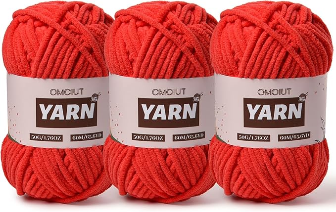 3 Packs Plush Chenille Chunky Crochet Amigurumi Yarn - Baby Yarn for Crocheting Soft - Fluffy Velvet Knitting for Blankets Crafts 150g / 196.8yds (3 Red)