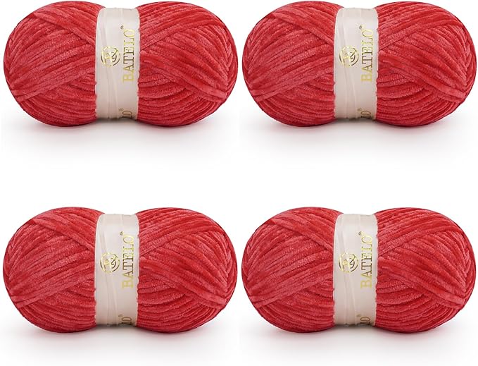 Velvet Chenille Yarn for Crocheting & Knitting 1440 Yards, Soft Thick Fluffy Bulky Blanket Yarn, 4 Pack of 10.5oz (Red)