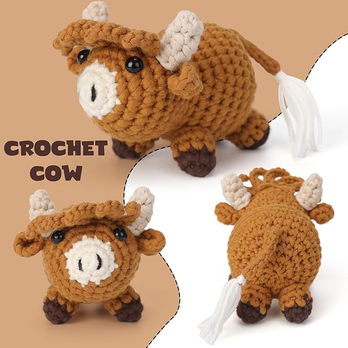 CrochetBox Crochet Kit for Beginners Adults - Highland Cow Starters Crochet Kit, Beginners Crocheting Kitting for Adults Teen, Craft Gifts with Crochets Yarns, Hook, Step-by-Step Video, Instruction