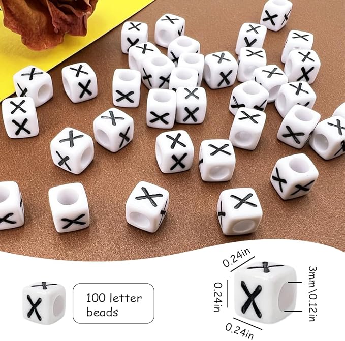 MIIIM 100pcs Pony Beads Letter X for Keychains Making, 6x6mm Large Hole Square Letter Beads for Bracelets Making, Alphabets, Numbers (White and Black)