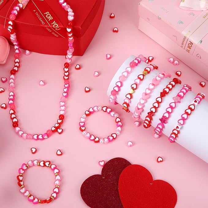 Augshy 700Pcs Heart Beads,Valentines Day Red Pink Heart Pony Beads for Jewelry Making Party Decoration Necklace Bracelets Earrings Hair Beads DIY Crafts Supplies