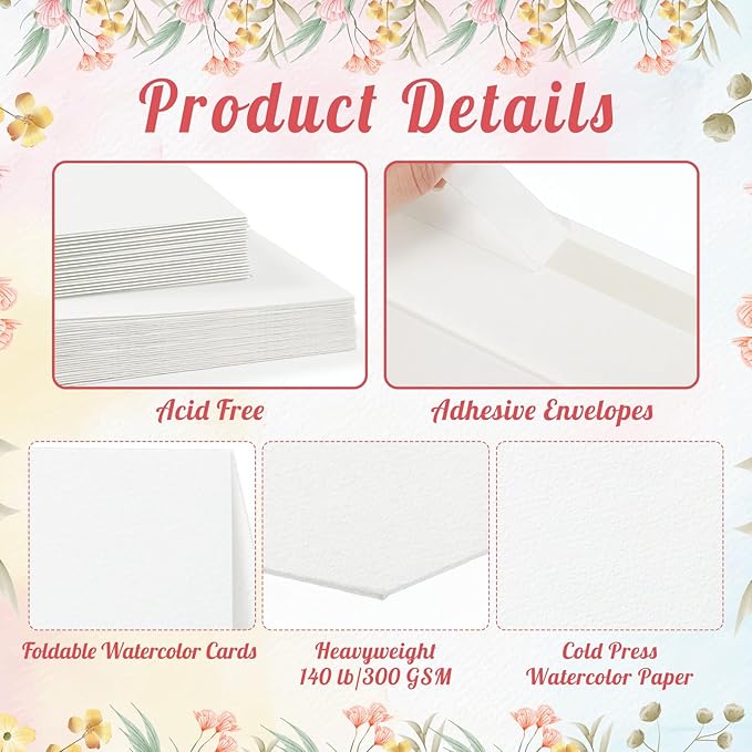20 Sets Watercolor Cards with Envelopes, 140lb/300GSM Watercolor Paper Cards, 4x6 Inch Foldable Blank Cards and Envelopes for Wedding Invitations Greeting Thank You Card Mothers Day Gifts for Mom