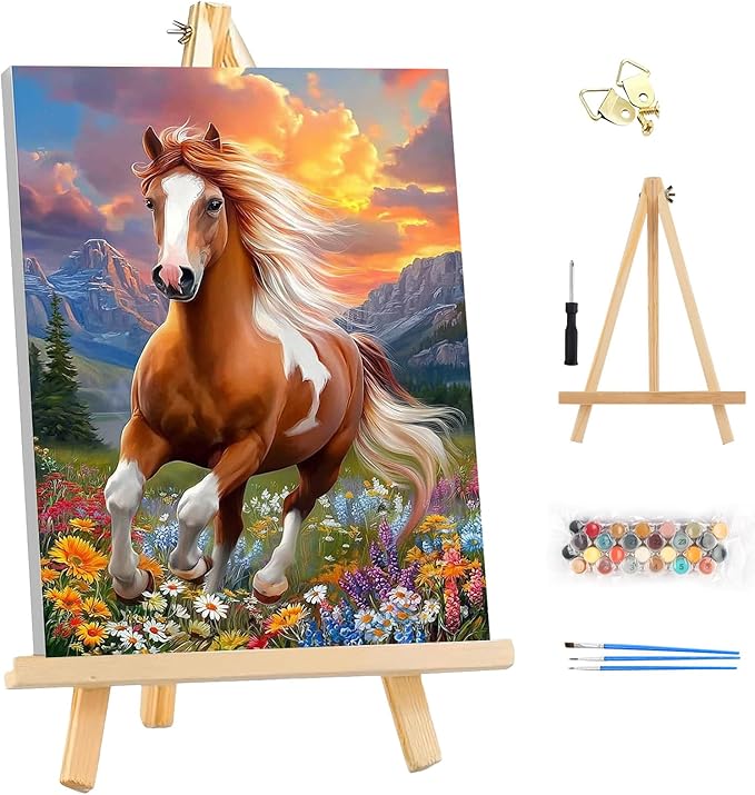 EOBROMD Framed Paint by Numbers Kits for Adults - Wooden Easel, Animal Horse DIY Kits Crafts for Beginner on Stretched Canvas, 3 Brushes and Acrylic Paint for Home Decor 10x14 Inch
