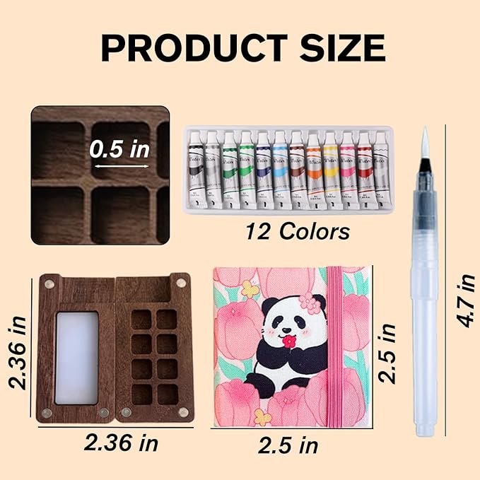 Aimery Mini Watercolor Paint Travel Set, Portable Small Miniature Pocket Water Color Painting Kit with Wooden Palette & Sketchbook(Pink Panda)