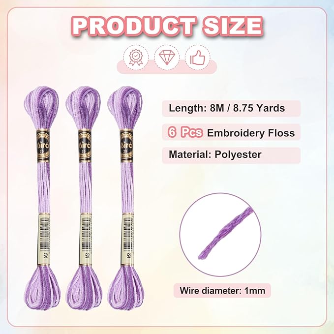PATIKIL 6 Skeins Embroidery Floss, Polyester Embroidery Threads Bracelets String for Cross-Stitch Hand Embroidery, Purple