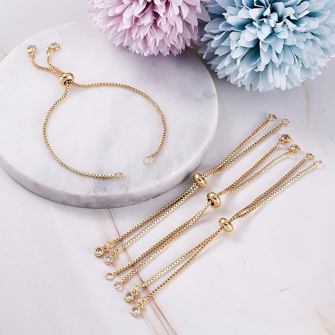 FASHEWELRY 10 Strands Adjustable Brass Bracelet Slider Extender Chains with Cubic Zirconia Ends 4-3/8" to 4-3/4"(110~120mm) Real 18K Gold Plated for DIY Jewelry Making