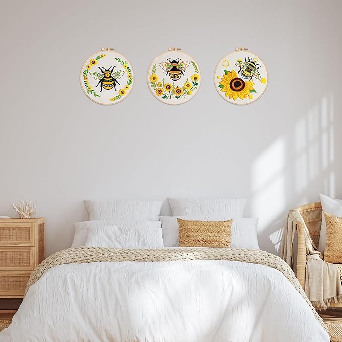 Nuberlic 3 Pack Embroidery Kit for Beginner Adults, Cross Stitch Set with Cute Bee Patterns, Includes Cloth, Hoops, Threads, Needles, Instructions