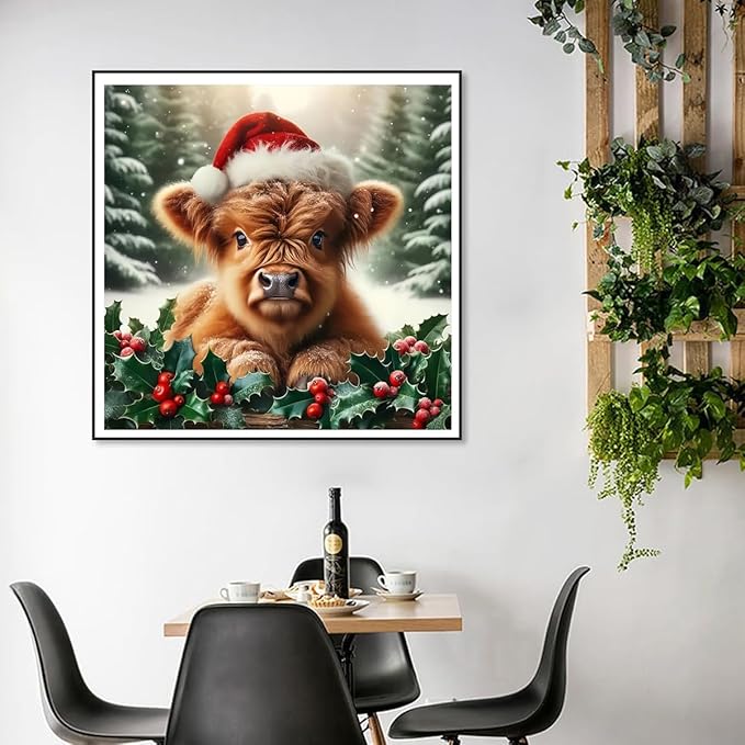Semneroy Christmas Diamond Art Kits for Adult,Highland Cow Xmas Diamond Painting for Beginnger,DIY Full Drill Winter Holiday Rhinestone Diamond Dots Gem Painting Art Craft Home Decor 12 x12 Inch