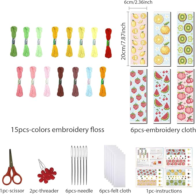 FREEBLOSS 6 Set Cross Stitch Bookmark Kit Stamped Cross Stitch Kit Refreshing Fruits Theme Embroidery Set with Instruction for Adults 8''*2.4''