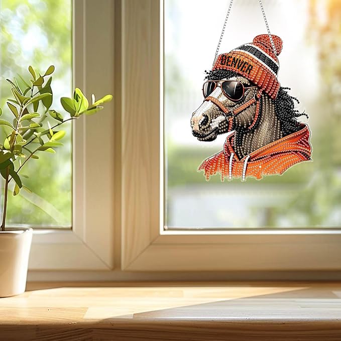 DIY Diamond Art Hanging Kit for Adult,Acrylic Diamond Art Painting Window Pendants Home Garden Wall Hanging Kits Hanging Ornament,Football Style (Denver Orange)