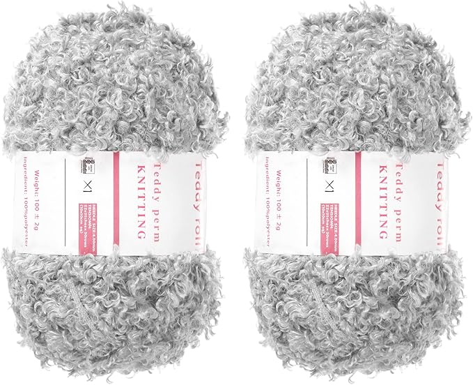 MECCANIXITY 2 Skeins Fur Yarn Soft Fluffy Chunky Yarn Fuzzy Eyelash Yarn Light Gray for Crocheting Knit Clothes Bag - 55Yard/50m, 3.10ozx2