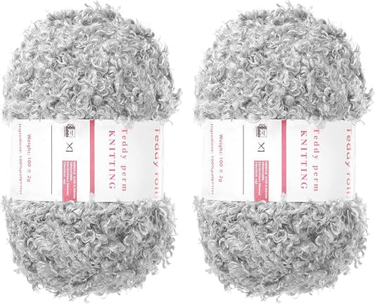MECCANIXITY 2 Skeins Fur Yarn Soft Fluffy Chunky Yarn Fuzzy Eyelash Yarn Light Gray for Crocheting Knit Clothes Bag - 55Yard/50m, 3.10ozx2