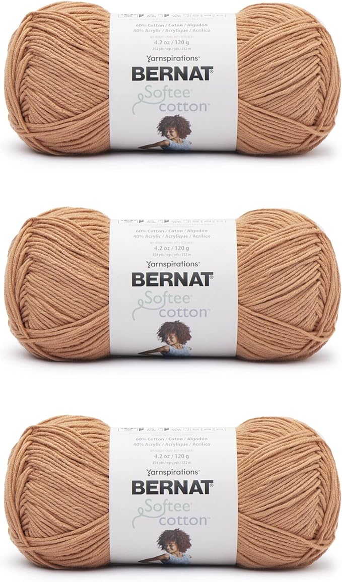 Bernat Softee Cotton Sandstone Yarn - 3 Pack of 120g/4.25oz - Nylon - 3 DK (Light) - 254 Yards - Knitting, Crocheting & Crafts