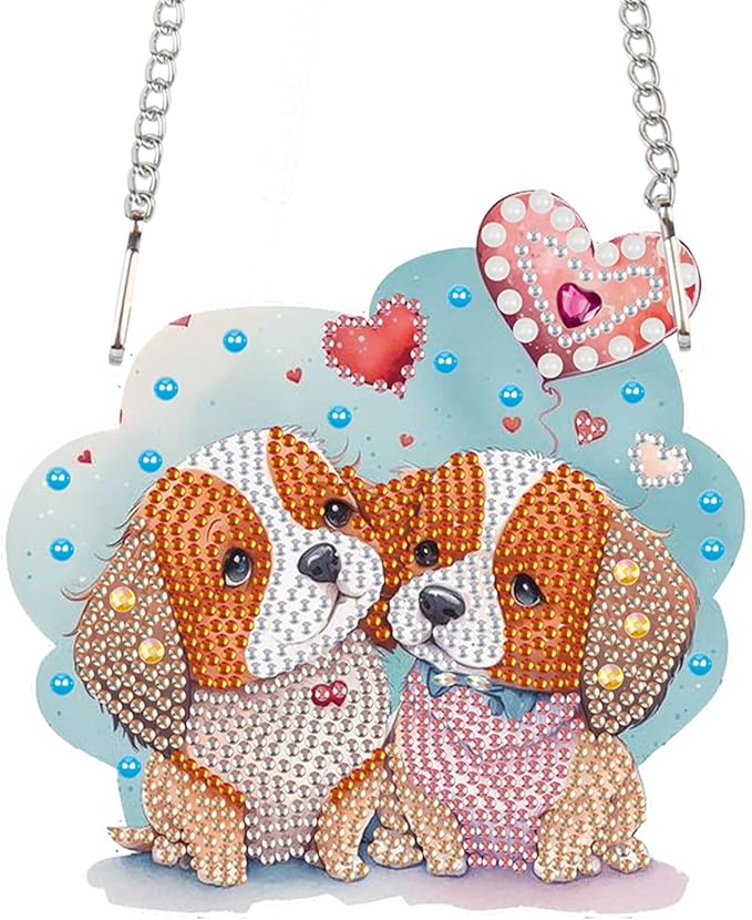 DIY Diamond Painting Hanging Kit for Adults, Diamond Art Suncatcher – Special Shaped Crystal Ornament with Cute Dog Couple, Window Decor or Car Rearview Mirror Gift