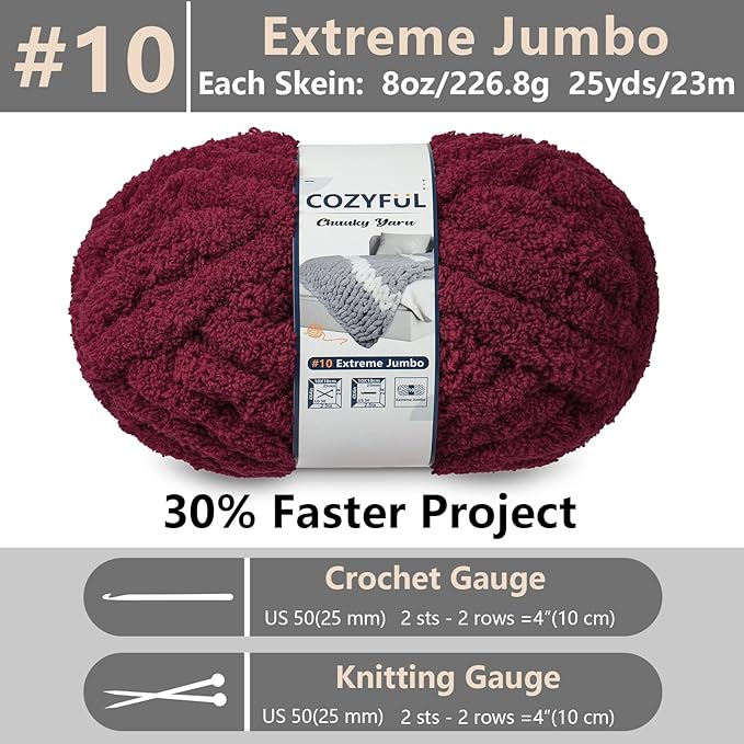 Chunky Yarn for Hand Knitting - #10 Chunky Chenille Yarn, Jumbo Big Thick Chunky Yarns for Crocheting, Super Bulky Chunky Knit Blanket Yarns, 8 Skein (25 yds 8 oz Each Skein), Burgundy