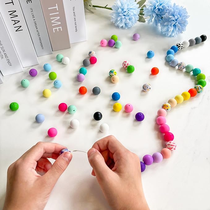 300Pcs Silicone Beads 15mm, 30 Colors 15mm Silicone Print Bead for Keychain Making, Round Rubber Beads Bulk for Pens and Bracelet Making