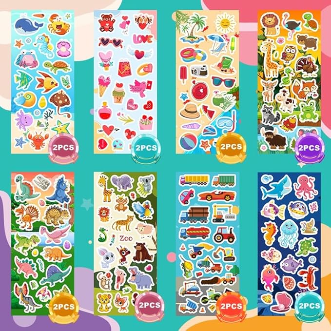 48 sheets stickers for kids, cute stickers variety pack for scrapbooking, teachers classroom prizes, goodie bag stuffers including animals, cars, dinosaurs, fishes, hearts, stars and more