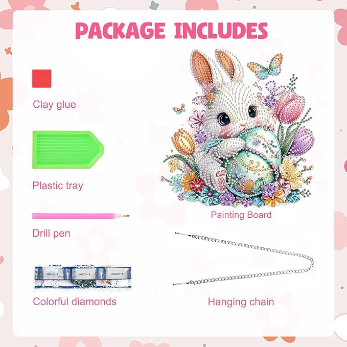 MAXBYE Easter White Rabbit with Eggs Hanging Diamond Art Painting Kits for Adults Beginners, DIY 5D Special Shaped Crystal Painting Diamond Kits Hanging Ornament for Gift Home Wall Door Decor 8×12Inch