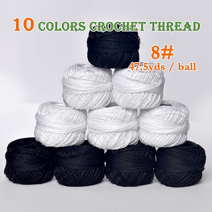 Colored BIRDCrochet Thread, Size 8 Crochet Yarn，2 Ply Cotton Yarn, 10 Balls (White&Black)