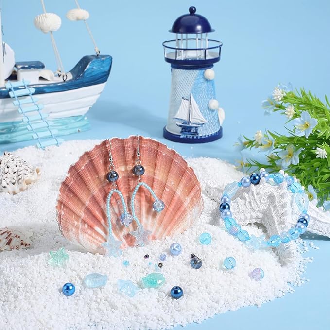 SUNNYCLUE 1 Box 540pcs Glass Ocean Beads Kit Mini Glass Seed Beads Sea Animal Summer Hawaii Sea Starfish Fish Spacers for Jewelry Making Beading Kits DIY Bracelets Necklace Supplies