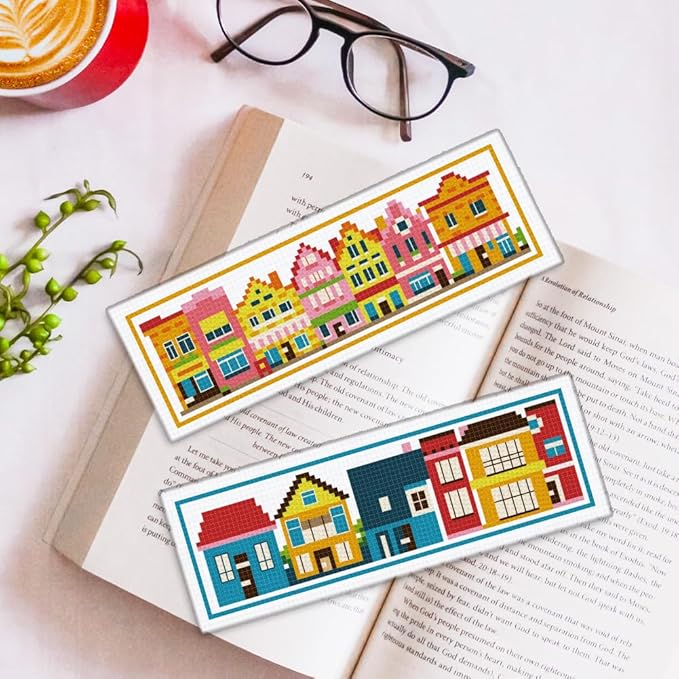 ORIGACH 6 Set Small Houses Cross Stitch Bookmark Kits for Beginner, Little Town Stamped Cross Stitch Kits with Instructions for Adults Bookmarks Lovers