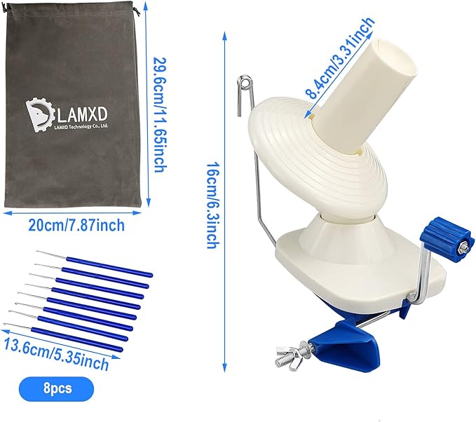 LAMXD Needlecraft Yarn Ball Winder Hand Operated,Capacity 4-Ounce,Blue,Portable Package,Easy to Set Up and Use,Sturdy with Metal Handle and Tabletop Clamp,Including 8 Sizes Crochet Hooks Set