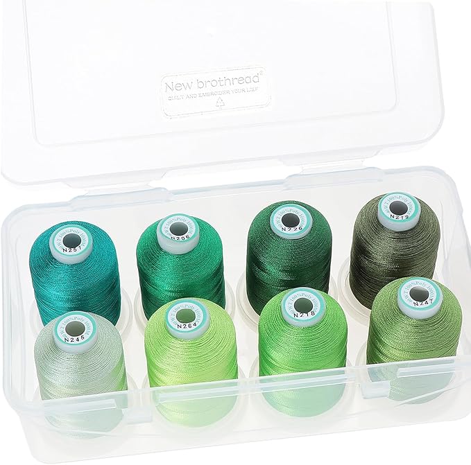 New brothread - 20 Options - 8 Snap Spools of 1000m Each Polyester Embroidery Machine Thread with Clear Plastic Storage Box for Embroidery & Quilting - Different Green