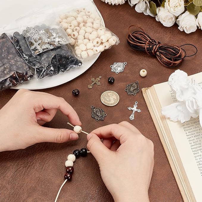 PH PandaHall 744pcs Rosary Jewelry Making Kit First Communion Necklace Natural Wood Beads Making Set Cross Centerpiece Alloy Chandelier and Beading Wires for Easter Eid Mubarak Ramadan
