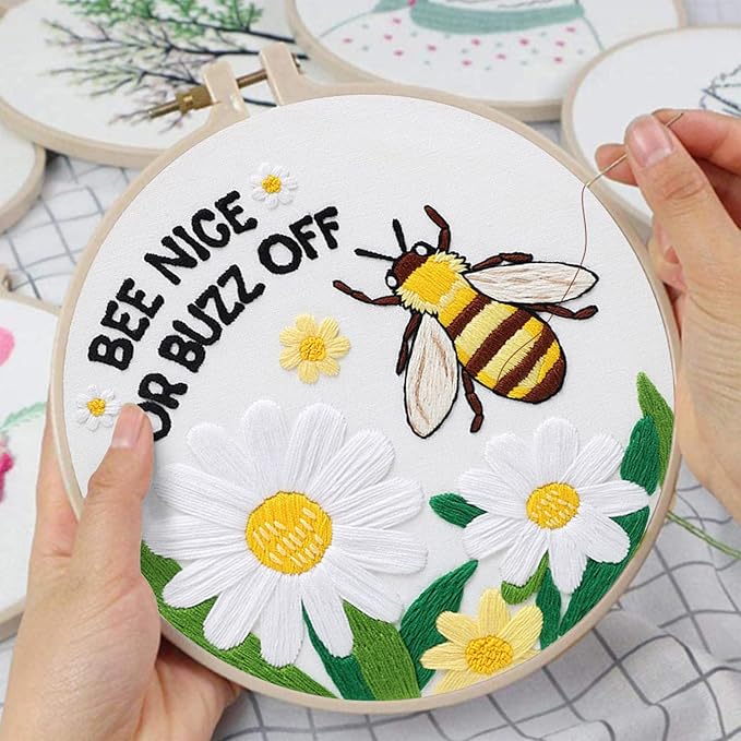 Louise Maelys Embroidery Kits for Beginners,Cross Stitch Kit for Adults,DIY Needlepoint with Bee Daisy Flowers Pattern