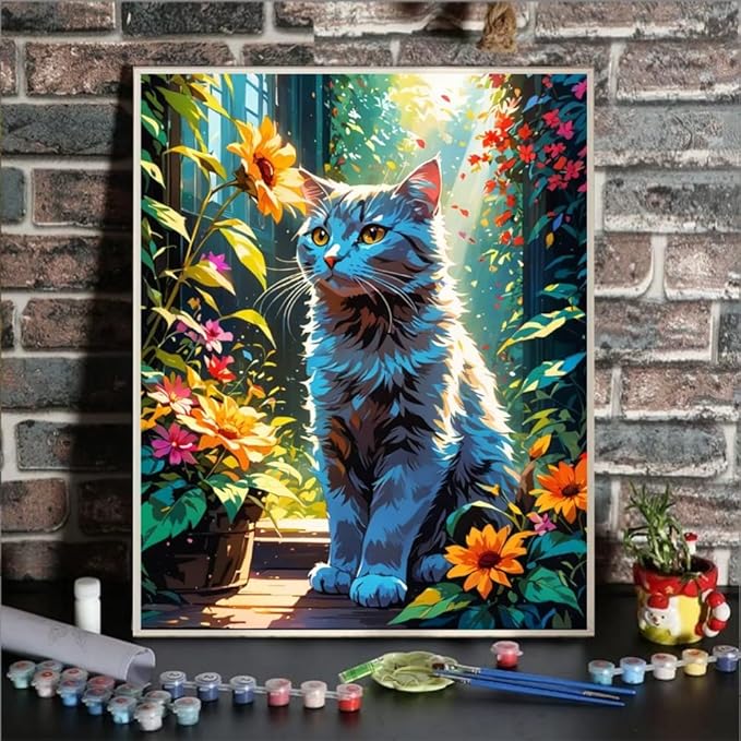 Cat Paint By Numbers Kit For Adults Canvas Cats Sunflower Adult Paint By Number Kits For Beginner DIY Easy Cat Garden Flower Oil Painting Adults' Paint-By-Number Kits Home Room Decor Gift 16x20 Inch