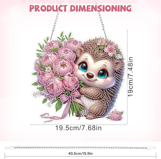 Bowetile Hedgehog Diamond Art Hanging Kits for Adults, Diamond Art Suncatchers Flowers, 5D Special Shape Diamond Painting Pendant Window Ornament Valentine's Day Gifts for Home Wall Decor