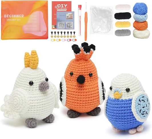 GONELYON Crochet Kit for Beginners, Crochet Kit for Beginners Crochet Starter Kits for Adults and Kids with Step by Step Video, 3 Kawaii Parrots DIY Yarn Plush