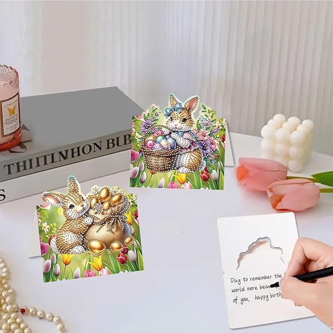 8 Pack 5D DIY Diamond Painting Greeting Card Kit, Diamond Art Greeting Card, Art Crafts Kit Creative Gift with Envelope (Easter Bunny B)