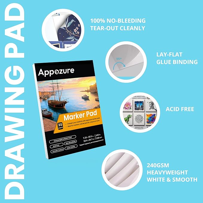 240GSM Bleedproof Sketch Pad for Markers, Acid-Free Heavyweight Smooth Drawing Papers, 7.25×10.5 Inch Glue-Bound, 35 Sheets/70 Pages, Ideal for Beginners, Artists, Kids, Adults, Dry Media, Gifts