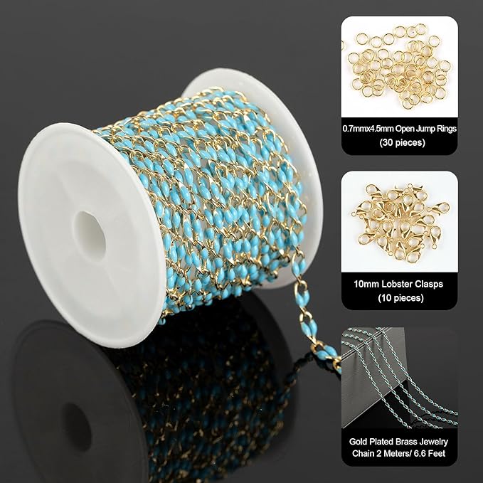 Gold Plated Brass Chains for Necklace DIY Jewelry Supplies, 2 Meters Light Blue Oil Drip Cable Bulk Chain Jewelry Making Supplies Findings