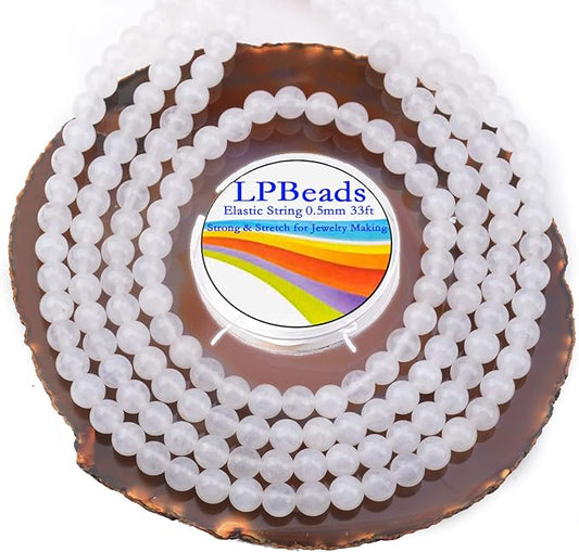 LPBeads 200Pcs Polished 6mm Round Natural White Jade Gemstone Loose Beads with Stretch Cord for Jewelry Making Bracelets