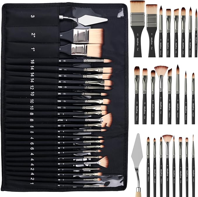 Nicpro 26pcs Paint Brush Set, Professional Paintbrushes with Palette Knife, Craft Paint Brushes for Acrylic Painting, Oil, Watercolor, Gouache & Canvas, Drawing & Art Supplies for Adults, Artists Gift