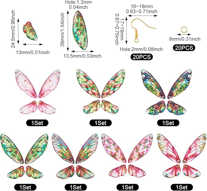 FASHEWELRY 28Pcs Resin Butterfly Wing Earring Charms Hot Pink Flower Print Insect Wing Pendants Feather Charms with Jump Rings Earrings Hooks for DIY Earring Jewelry Making