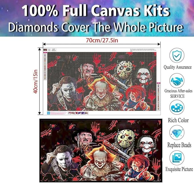 KYOQFVN Halloween Diamond Art Kits for Adults,5D Full Round Diamond Horror Diamond Painting Kit, Large Dots Diamond Painting for Beginners, DIY Beads for Home Wall Decor, 27.5" x 15"