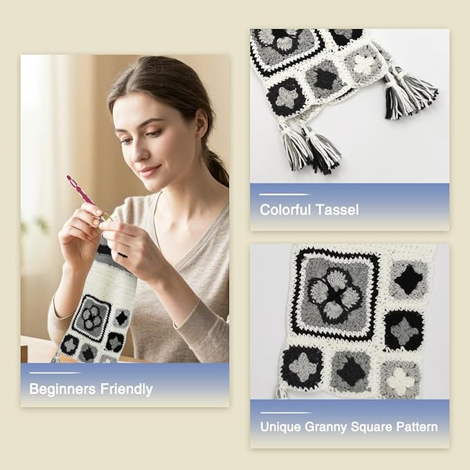 Noocro Granny Square Scarf Crochet Kit – Complete Yarn Kit with Crochet Hook, Markers, and Other Accessories, Detailed Instruction & Video Tutorial – for Intermediate or Ambitious Beginners