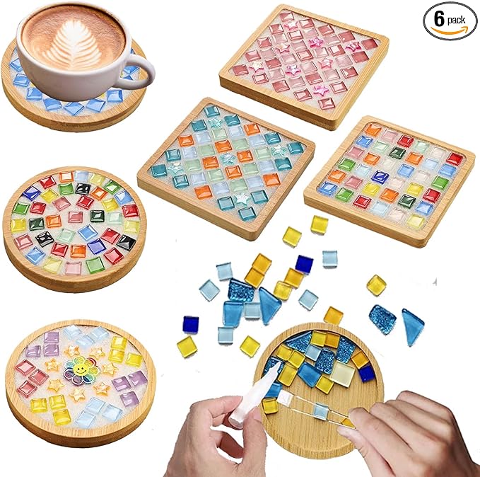 6 Sets DlY Mosaic Tiles for Crafts,Mixed Color Glass Mosaic Kits with Wooden Coaster for Adults,DlY Coasters Kit Mosaic Supplies for Handmade Home Decoration Gift (Round and Square)