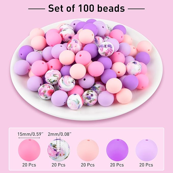 ASTARON 100 Pcs 15mm Silicone Beads for Keychain Making, Purple Pink Silicone Beads Round Bulk for Bracelets Pens Crafts Supplies
