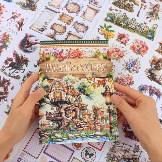 The Elfs Cottage Sticker Book for Journaling, 20 Sheets Precut PET Washi Paper Materials Stickers for Scrapbooking, Junk Journal Supplies, Planner, Bujo, Collage, DIY Crafts Arts