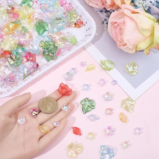 350Pcs Acrylic DIY Flower Leaf Beads Kits Including Assorted AB Color Plated 5-Petal Floral Acrylic Bead Caps Maple Leaf Pendants Charms for Earring Bracelet Necklace Craft Jewelry Making