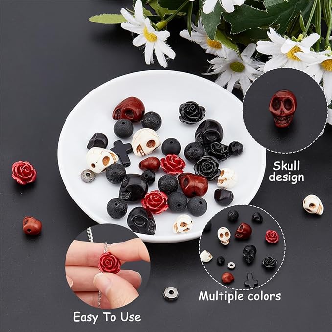 arricraft 203 Pcs Halloween Skull Gemstone Beads Kits, Natural Lava Rock Synthetic Turquoise Cross Bead Flower Rose Bead Tibetan Style Beads for Jewelry Making Bracelets Necklaces DIY Crafts